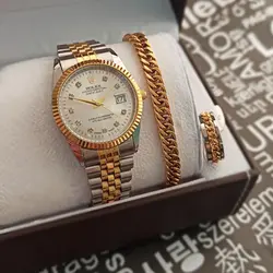 ست ساعت و دستبند (طلایی-نقره ای صفحه سفید) کد 4126