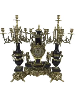 ست برنزی ساعت و شمعدان خروسی با سنگ مشکی