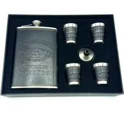 ست قمقمه جیبی چهار شات استیل با روکش چرم مدل جک دنیلز