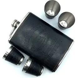 ست قمقمه جیبی چهار شات استیل با روکش چرم مدل جک دنیلز