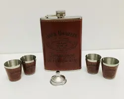 ست قمقمه جیبی چهار شات با روکش چرم قهوه ای طرح جک دنیلز