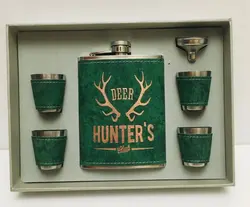 ست قمقمه جیبی چهار شات با روکش چرم مدل کتابی Deer