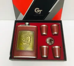 ست قمقمه جیبی چهار شات با روکش چرم قهوه ای طرح شکارچی