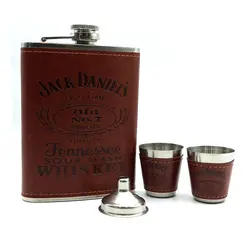 ست قمقمه جیبی دو شات چرم قهوه ای مدل جک دنیلز