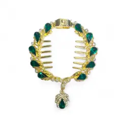 گیره گوجه ای مو درباری با کریستال سبز و آویز تک مروارید