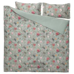 روکش لحاف و 2 عدد روبالشی ایکیا مدل IKEA NÄSSELKLOCKA رنگ خاکستری-سبز روشن/چند رنگ