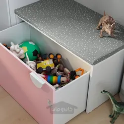 نیمکت با محل نگهداری اسباب بازی ایکیا مدل IKEA SMÅSTAD رنگ سفید/صورتی کم رنگ