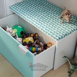 نیمکت با محل نگهداری اسباب بازی ایکیا مدل IKEA SMÅSTAD رنگ سفید/فیروزه ای کم رنگ