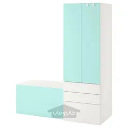 ترکیب ذخیره سازی ایکیا مدل IKEA SMÅSTAD / PLATSA رنگ سفید فیروزه ای کم رنگ/با نیمکت