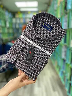 پیراهن مردانه چارخونه ریز زمینه جیگری پارچه نخی قواره آزاد کد 30020