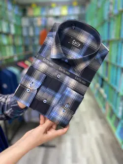 پیراهن مردانه چارخونه آبی مشکی پارچه نخی قواره آزاد۳۰۰۱۲