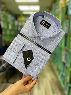 پیراهن مردانه چارخونه آبی پارچه نخی قواره آزاد کد۳۰۰۲۵