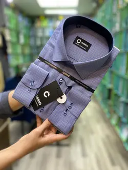 پیراهن مردانه چارخونه آبی پارچه نخی قواره آزاد کد ۳۰۰۰۵