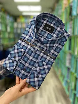 پیراهن مردانه چارخونه سبز آبی پارچه نخی قواره آزاد کد ۳۰۰۲۲