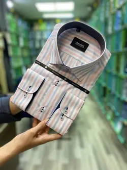 پیراهن مردانه راه راه  سفید صورتی پارچه نخی قواره آزاد کد ۲۰۰۰۳