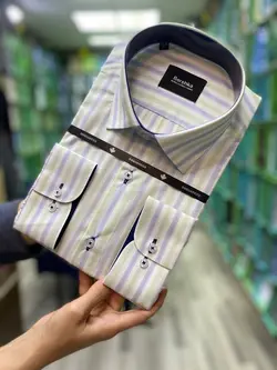 پیراهن مردانه راه راه  سفید سبز  پارچه نخی قواره آزاد کد ۲۰۰۰۱