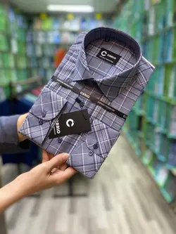 پیراهن مردانه چارخونه طوسی پارچه نخی قواره آزاد کد ۳۰۰۲۹