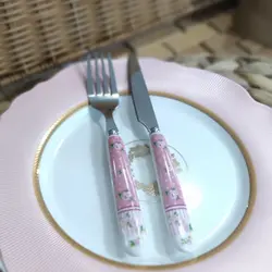 کارد و چنگال میوه خوری دسته سرامیکی آنجلا صورتی رومانتیک هوم