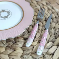 کارد و چنگال میوه خوری دسته سرامیکی آنجلا صورتی رومانتیک هوم