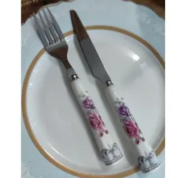 کارد و چنگال میوه خوری دسته سرامیکی گلداررومانتیک هوم