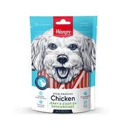تشویقی سگ Wanpy ونپی با طعم مرغ مدل جرکی کدفیش 100 گرم