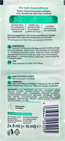ماسک صورت آلوئه ورا ۱۶ میلی لیتر.Balea Gesichtsmaske Aloe Vera (2x8 ml), 16 ml