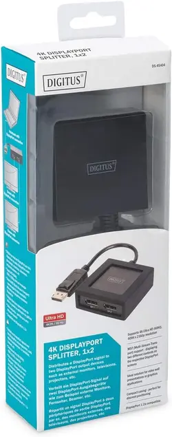 مبدل Digitus DisplayPort، اسپلیتر، DP به 2X DP، 4K Ultra HD، 4096 x 2160 پیکسل، مشکی