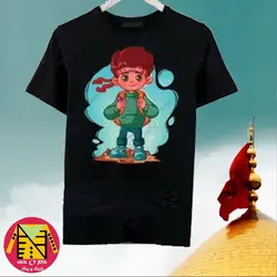 تیشرت مشکی نخ پنبه دخترانه طرح پسر کوله پشتی دار - فروشگاه لباس شیک و پیک