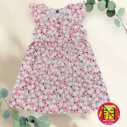 سارافون نخی مجلسی دکمه دار رنگی طرح گل های سفید دخترانه - فروشگاه لباس شیک و پیک