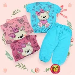 شومیز و شلوار راحتی ابر و بادی خنک طرح خرس نشسته دخترانه - فروشگاه لباس شیک و پیک