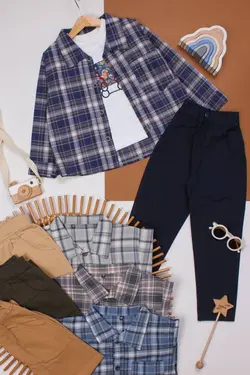 سه تیکه چهارخانه شلوار کتان پسرانه - فروشگاه لباس شیک و پیک