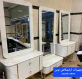 دکور آینه آرایشگاهی سه تیکه پایه فلزی بغل خم شیک وکیوم