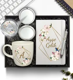 ست هدیه دفترچه یادداشت سفید شخصی و لیوان سفید و آینه آرایش و قلم سفید