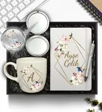 ست هدیه دفترچه یادداشت سفید شخصی و لیوان سفید و آینه آرایش و قلم سفید