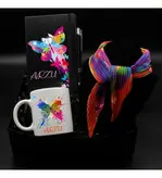 ست کادویی سفارشی چاپ پروانه، دفترچه یادداشت و لیوان چاپی، فنجان و روسری و قلم توپ