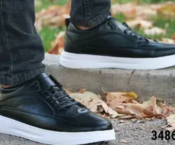 کفش اسپرت ونس  مردانه پسرانه مدل طبی بندی رویه چرم رنگ مشکی زیره سفید کد 3486