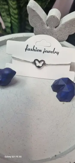 دستبند آسانسوری و پلاک قلب و پروانه استیل نقره ای