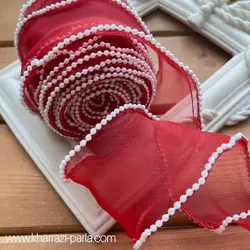 روبان حریر لبه مرواریدی زرشکی