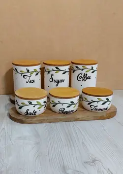 ست شش تیکه پاسماوری و جا ادویه سرامیکی گل پیچک با تکست