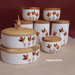ست شش تیکه پاسماوری و جا ادویه با شکلات خوری و روغن ریز طرح پاییزی
