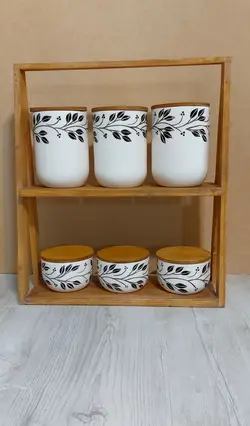 ست شش تیکه پاسماوری و جا ادویه سرامیکی طرح پیچک مشکی