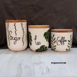 ست سه تیکه پاسماوری و جا ادویه سرامیکی با طرح برگ سبز با نوشته