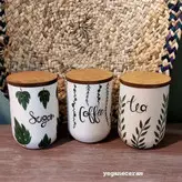ست شش تیکه پاسماوری و جا ادویه سرامیکی طرح برگ سبز و تکست