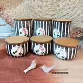 ست شش تیکه پاسماوری و جا ادویه سرامیکی طرح راه راه خاکستری