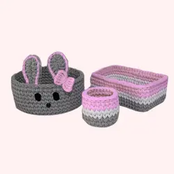 ست سبد قلاب بافی تریکو طرح سیسمونی نوزادی طرح خرگوش کد 14 مجموعه 3 عددی