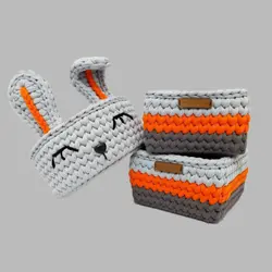 سبد قلاب بافی تریکو مدل سیسمونی نوزادی خرگوشی مجموعه 3 عددی