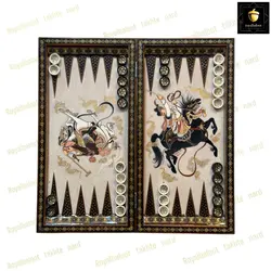 خرید تخته نرد خاتم نقاشی چوگان سه بعدی صدفی رویال بلوط