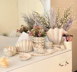 پک دکوری گلدان/باکس دستمال/جاقلم و براش/جاپد/جاشمعی رومیزی طرح صدف کد1093