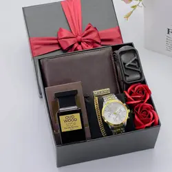 باکس کادویی مردانه کد 33 شامل ادکلن، کیف ،کمربند،ساعت و دستبند
