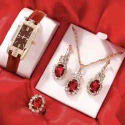 ست زیورآلات زنانه ساعت انگشتر گردنبند گوشواره صفحه مستطیلی